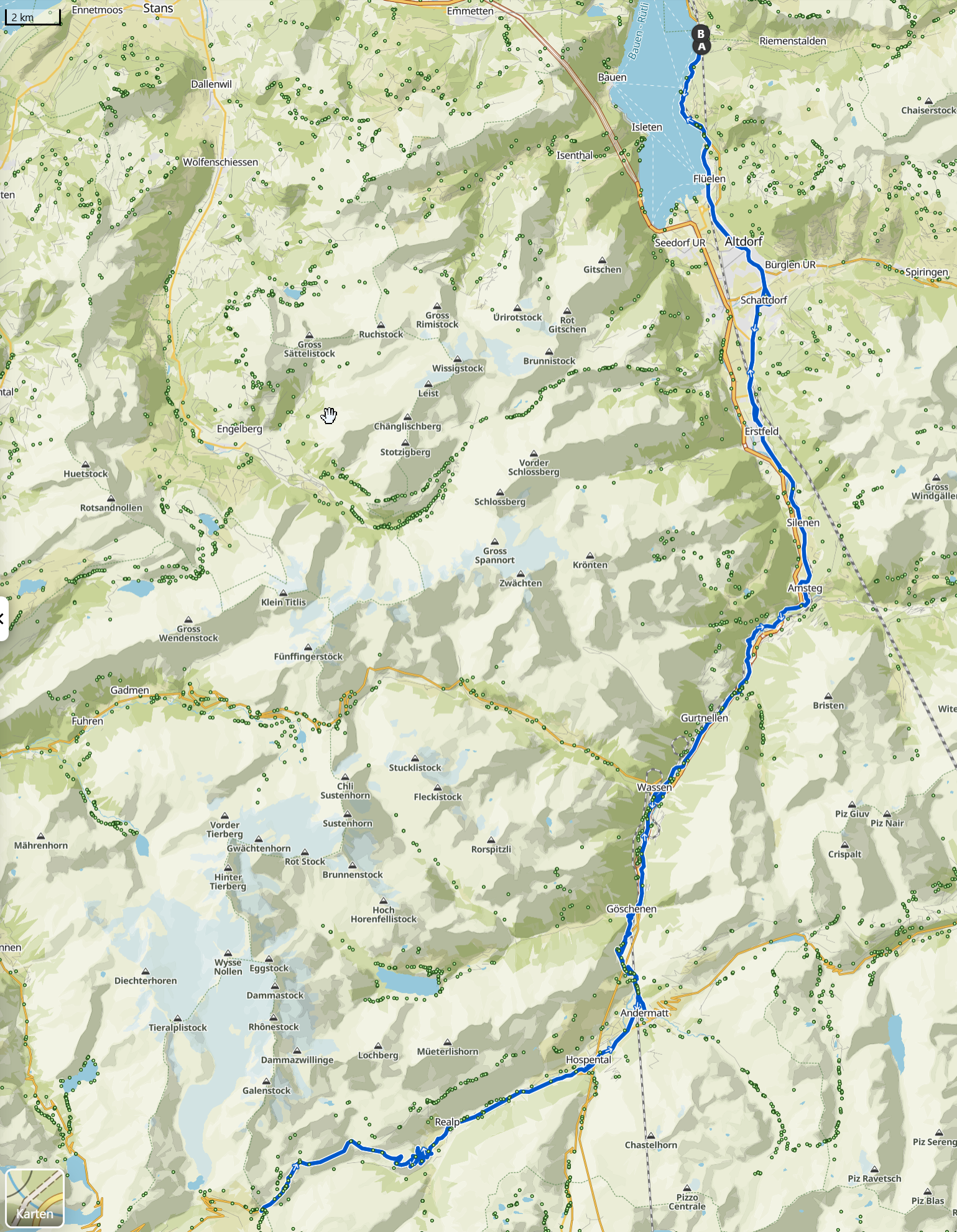 Karte Rennradtour Sisikon – Furkapass – Sisikon (Komoot), Zentralschweiz/Uri
