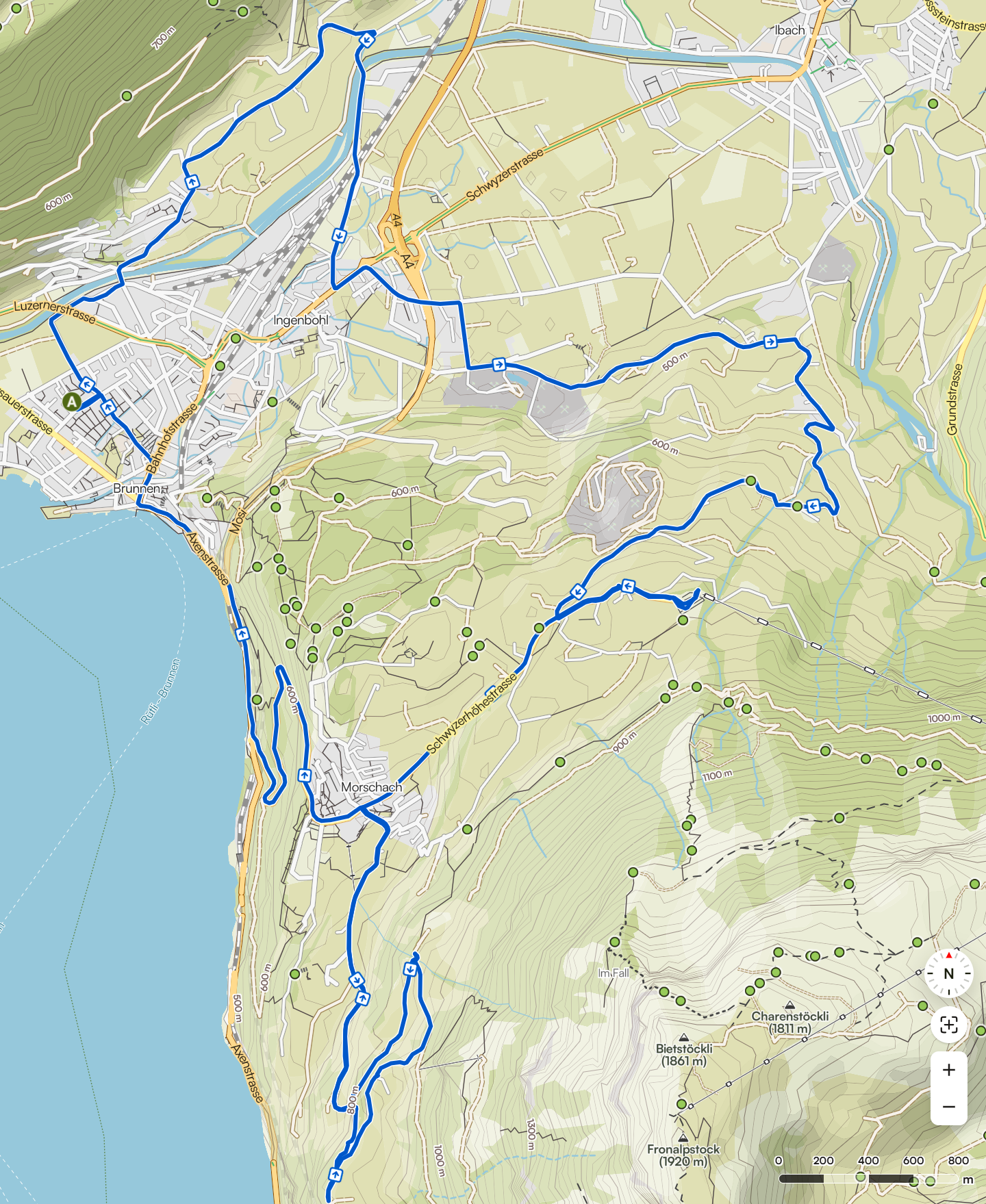 Routenüberblick Rennradtour Brunnen – Schwyzerhöhe – Stoosbahn – Morschach, viel Anstieg am Vierwaldstättersee, Herbstlicht