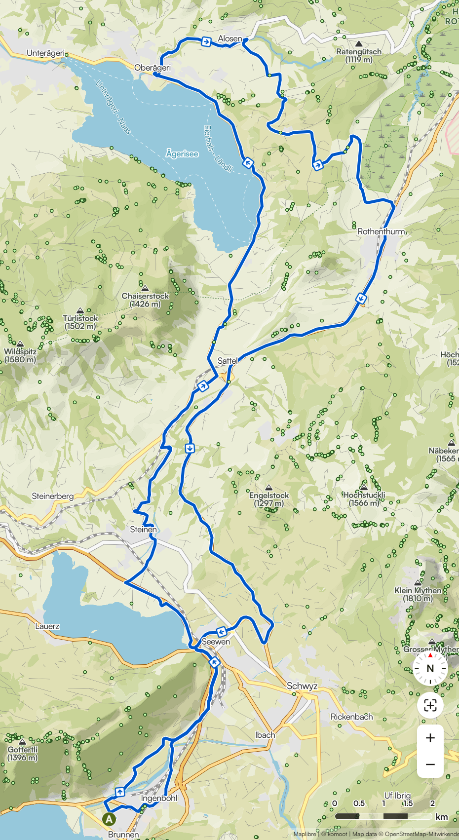 Karte der Rennradtour Brunnen–Rothenthurm–Alosen–Oberägeri–Brunnen, Zentralschweiz (Komoot)